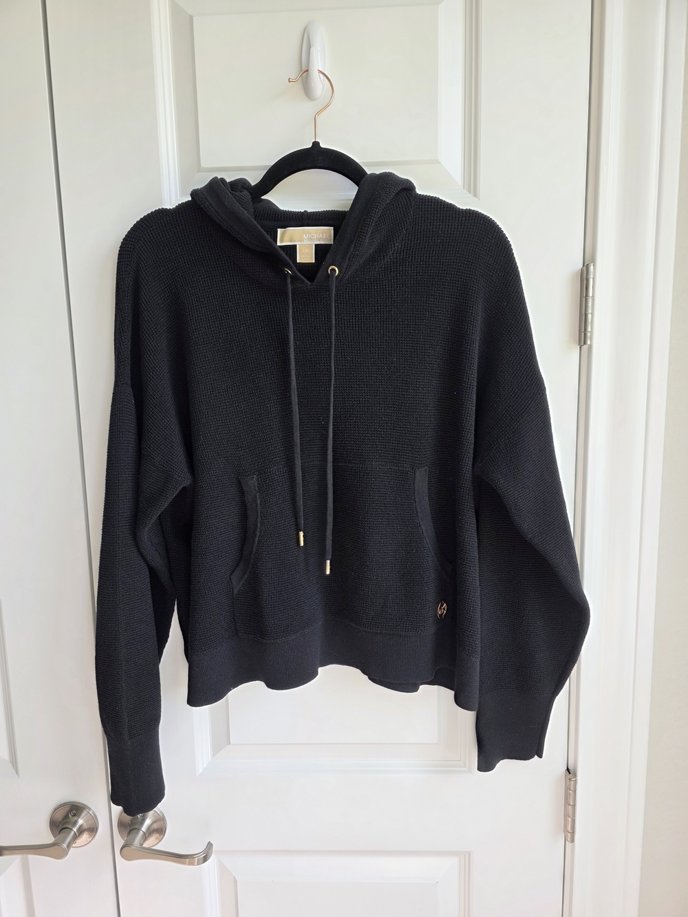 Michael Kors Black Hooded Knit Pullover with Gold Accents Large